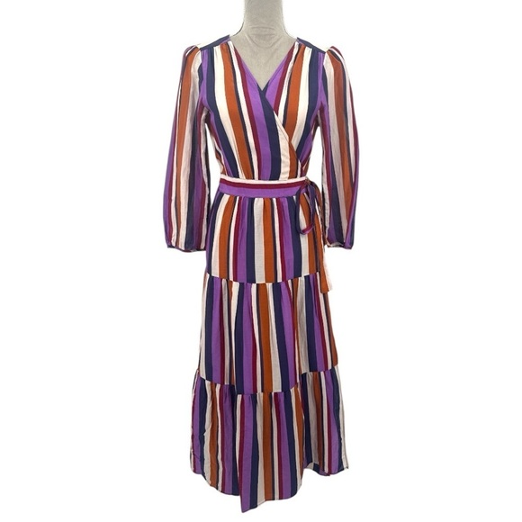 Xirena Tilda Silk Cotton Striped Wrap Maxi Dress - Navy Purple - Medium - NWT - Picture 2 of 11